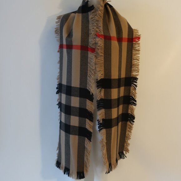 Womens Burberry Camel Black Red Wool Nova Check Print Fringed Scarf - Picture 2 of 10